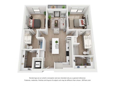 Floor plan for 2 beds, 2 baths, 1036 sqft
